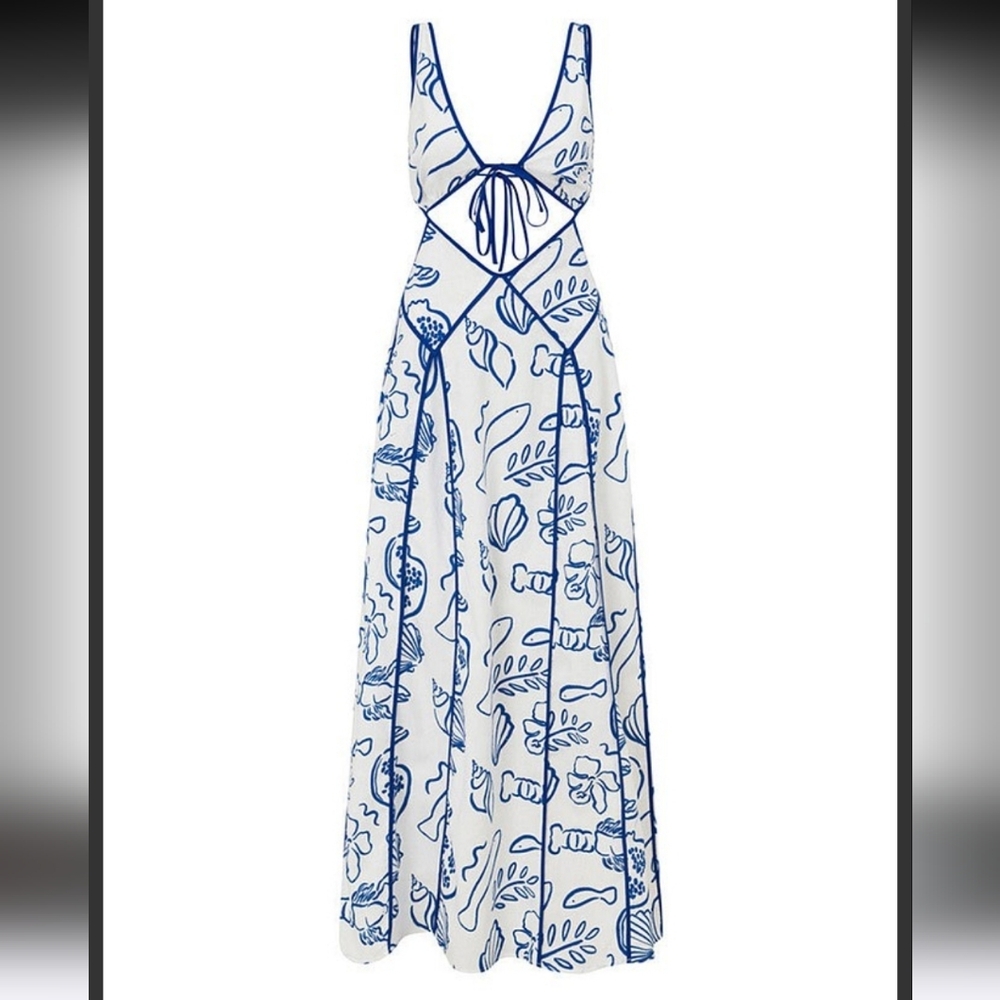 Maxi Dress with a blue marine print and contrast binding.  - Picture 6 of 7